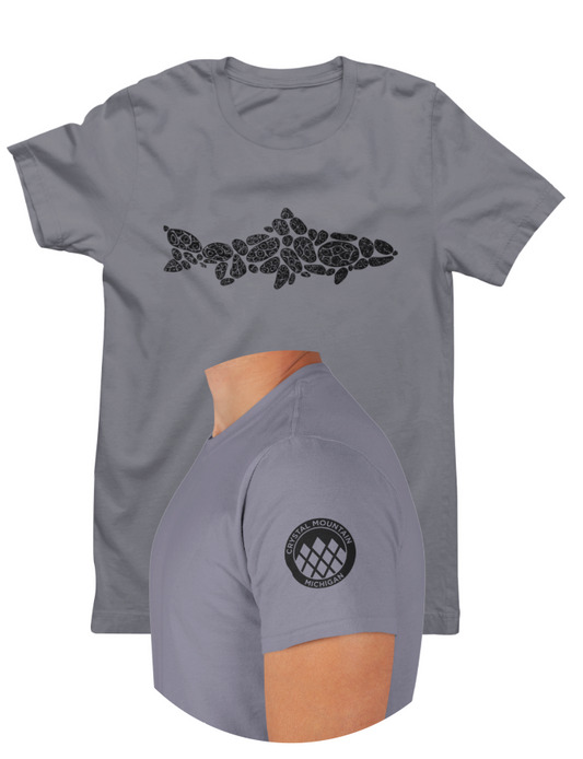 Petoskey Trout Unisex Tee: Crystal logo sleeve